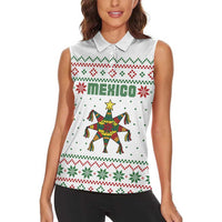 Mexico Christmas Women Sleeveless Polo Shirt with Piñata Star Design and Red Green Snowflake Pattern - Wonder Print Shop