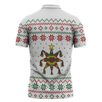 Mexico Christmas Zipper Polo Shirt with Piñata Star Design and Red Green Snowflake Pattern - Wonder Print Shop