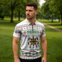 Mexico Christmas Zipper Polo Shirt with Piñata Star Design and Red Green Snowflake Pattern - Wonder Print Shop