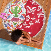 Mexico Christmas Beach Blanket with Butterfly Cactus and Colorful Floral Folk Art - Wonder Print Shop