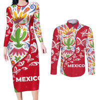 Mexico Christmas Couples Matching Long Sleeve Bodycon Dress and Long Sleeve Button Shirt with Butterfly Cactus and Colorful Floral Folk Art - Wonder Print Shop