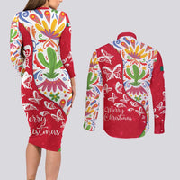 Mexico Christmas Couples Matching Long Sleeve Bodycon Dress and Long Sleeve Button Shirt with Butterfly Cactus and Colorful Floral Folk Art - Wonder Print Shop