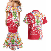 Mexico Christmas Couples Matching Mermaid Dress and Hawaiian Shirt with Butterfly Cactus and Colorful Floral Folk Art - Wonder Print Shop