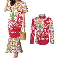 Mexico Christmas Couples Matching Mermaid Dress and Long Sleeve Button Shirt with Butterfly Cactus and Colorful Floral Folk Art - Wonder Print Shop