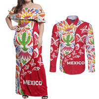 Mexico Christmas Couples Matching Off Shoulder Maxi Dress and Long Sleeve Button Shirt with Butterfly Cactus and Colorful Floral Folk Art - Wonder Print Shop
