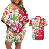 Mexico Christmas Couples Matching Off Shoulder Short Dress and Hawaiian Shirt with Butterfly Cactus and Colorful Floral Folk Art - Wonder Print Shop
