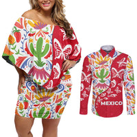 Mexico Christmas Couples Matching Off Shoulder Short Dress and Long Sleeve Button Shirt with Butterfly Cactus and Colorful Floral Folk Art - Wonder Print Shop