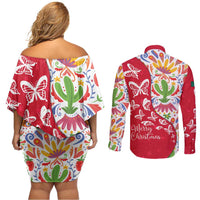 Mexico Christmas Couples Matching Off Shoulder Short Dress and Long Sleeve Button Shirt with Butterfly Cactus and Colorful Floral Folk Art - Wonder Print Shop