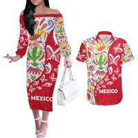 Mexico Christmas Couples Matching Off The Shoulder Long Sleeve Dress and Hawaiian Shirt with Butterfly Cactus and Colorful Floral Folk Art - Wonder Print Shop