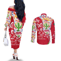 Mexico Christmas Couples Matching Off The Shoulder Long Sleeve Dress and Long Sleeve Button Shirt with Butterfly Cactus and Colorful Floral Folk Art - Wonder Print Shop