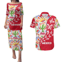 Mexico Christmas Couples Matching Puletasi and Hawaiian Shirt with Butterfly Cactus and Colorful Floral Folk Art - Wonder Print Shop