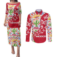 Mexico Christmas Couples Matching Puletasi and Long Sleeve Button Shirt with Butterfly Cactus and Colorful Floral Folk Art - Wonder Print Shop