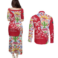 Mexico Christmas Couples Matching Puletasi and Long Sleeve Button Shirt with Butterfly Cactus and Colorful Floral Folk Art - Wonder Print Shop