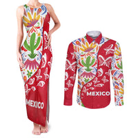 Mexico Christmas Couples Matching Tank Maxi Dress and Long Sleeve Button Shirt with Butterfly Cactus and Colorful Floral Folk Art - Wonder Print Shop