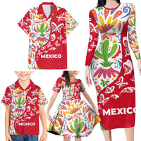Mexico Christmas Family Matching Long Sleeve Bodycon Dress and Hawaiian Shirt with Butterfly Cactus and Colorful Floral Folk Art - Wonder Print Shop