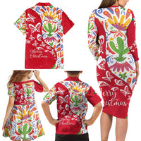 Mexico Christmas Family Matching Long Sleeve Bodycon Dress and Hawaiian Shirt with Butterfly Cactus and Colorful Floral Folk Art - Wonder Print Shop