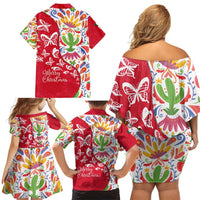 Mexico Christmas Family Matching Off Shoulder Short Dress and Hawaiian Shirt with Butterfly Cactus and Colorful Floral Folk Art - Wonder Print Shop