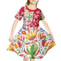 Mexico Christmas Kid Short Sleeve Dress with Butterfly Cactus and Colorful Floral Folk Art - Wonder Print Shop