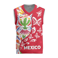 Mexico Christmas Knitted V-Neck Vest with Butterfly Cactus and Colorful Floral Folk Art - Wonder Print Shop