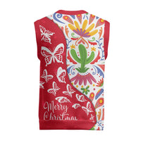 Mexico Christmas Knitted V-Neck Vest with Butterfly Cactus and Colorful Floral Folk Art - Wonder Print Shop
