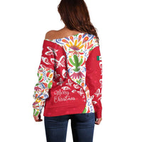 Mexico Christmas Off Shoulder Sweater with Butterfly Cactus and Colorful Floral Folk Art - Wonder Print Shop