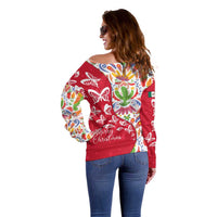 Mexico Christmas Off Shoulder Sweater with Butterfly Cactus and Colorful Floral Folk Art - Wonder Print Shop