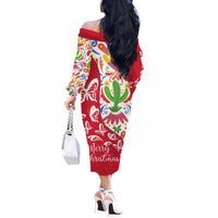 Mexico Christmas Off The Shoulder Long Sleeve Dress with Butterfly Cactus and Colorful Floral Folk Art - Wonder Print Shop