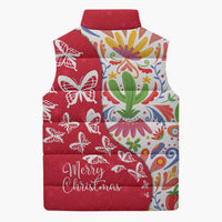 Mexico Christmas Sleeveless Puffer Jacket with Butterfly Cactus and Colorful Floral Folk Art - Wonder Print Shop