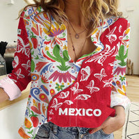 Mexico Christmas Women Casual Shirt with Butterfly Cactus and Colorful Floral Folk Art - Wonder Print Shop