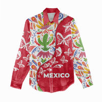 Mexico Christmas Women Casual Shirt with Butterfly Cactus and Colorful Floral Folk Art - Wonder Print Shop