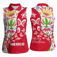 Mexico Christmas Women Sleeveless Polo Shirt with Butterfly Cactus and Colorful Floral Folk Art - Wonder Print Shop