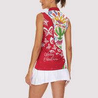 Mexico Christmas Women Sleeveless Polo Shirt with Butterfly Cactus and Colorful Floral Folk Art - Wonder Print Shop