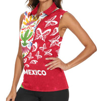 Mexico Christmas Women Sleeveless Polo Shirt with Butterfly Cactus and Colorful Floral Folk Art - Wonder Print Shop