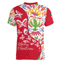 Mexico Christmas Women V-Neck T-Shirt with Butterfly Cactus and Colorful Floral Folk Art - Wonder Print Shop