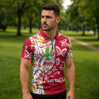 Mexico Christmas Zipper Polo Shirt with Butterfly Cactus and Colorful Floral Folk Art - Wonder Print Shop