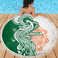 India Christmas Beach Blanket with Peacock Mandala Pattern and Tricolor Design - Wonder Print Shop
