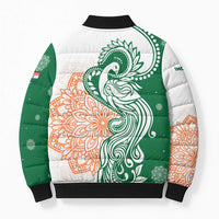 India Christmas Bomber Puffer Jacket with Peacock Mandala Pattern and Tricolor Design - Wonder Print Shop