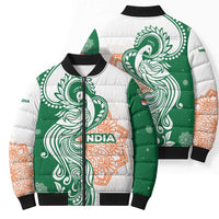 India Christmas Bomber Puffer Jacket with Peacock Mandala Pattern and Tricolor Design - Wonder Print Shop
