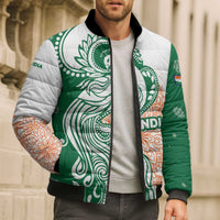 India Christmas Bomber Puffer Jacket with Peacock Mandala Pattern and Tricolor Design - Wonder Print Shop