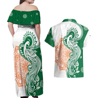 India Christmas Couples Matching Off Shoulder Maxi Dress and Hawaiian Shirt with Peacock Mandala Pattern and Tricolor Design - Wonder Print Shop