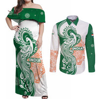India Christmas Couples Matching Off Shoulder Maxi Dress and Long Sleeve Button Shirt with Peacock Mandala Pattern and Tricolor Design - Wonder Print Shop