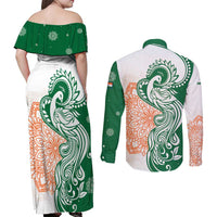 India Christmas Couples Matching Off Shoulder Maxi Dress and Long Sleeve Button Shirt with Peacock Mandala Pattern and Tricolor Design - Wonder Print Shop