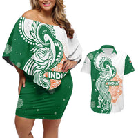 India Christmas Couples Matching Off Shoulder Short Dress and Hawaiian Shirt with Peacock Mandala Pattern and Tricolor Design - Wonder Print Shop