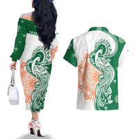India Christmas Couples Matching Off The Shoulder Long Sleeve Dress and Hawaiian Shirt with Peacock Mandala Pattern and Tricolor Design - Wonder Print Shop