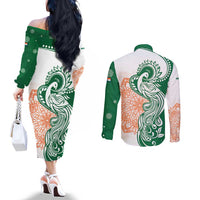 India Christmas Couples Matching Off The Shoulder Long Sleeve Dress and Long Sleeve Button Shirt with Peacock Mandala Pattern and Tricolor Design - Wonder Print Shop