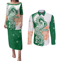 India Christmas Couples Matching Puletasi and Long Sleeve Button Shirt with Peacock Mandala Pattern and Tricolor Design - Wonder Print Shop