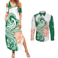 India Christmas Couples Matching Summer Maxi Dress and Long Sleeve Button Shirt with Peacock Mandala Pattern and Tricolor Design - Wonder Print Shop