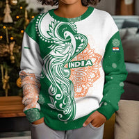 India Christmas Kid Ugly Christmas Sweater with Peacock Mandala Pattern and Tricolor Design - Wonder Print Shop