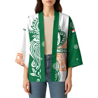 India Christmas Kimono with Peacock Mandala Pattern and Tricolor Design - Wonder Print Shop