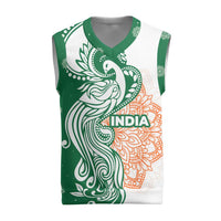 India Christmas Knitted V-Neck Vest with Peacock Mandala Pattern and Tricolor Design - Wonder Print Shop